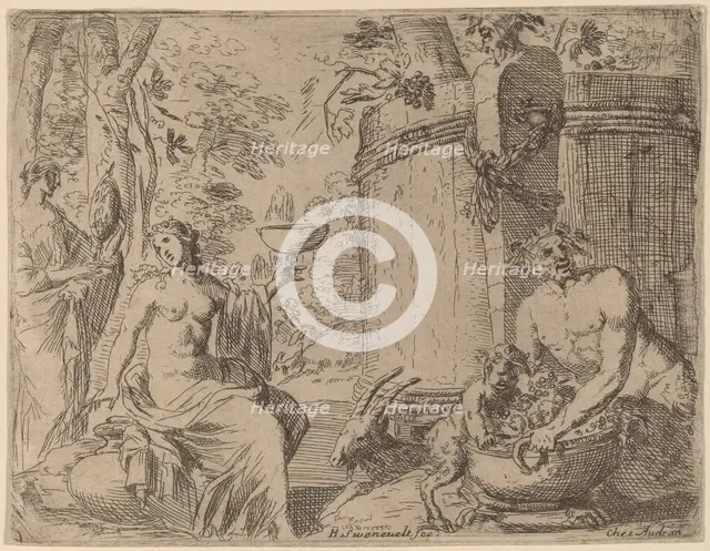 Two Nymphs and a Satyr before a Large Vat. Creator: Herman van Swanevelt.