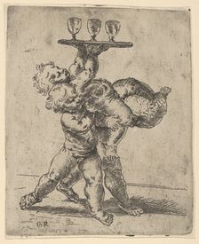 Two naked boys carrying a third who supports a tray with three goblets, after Ren..., ca. 1600-1640. Creator: Anon