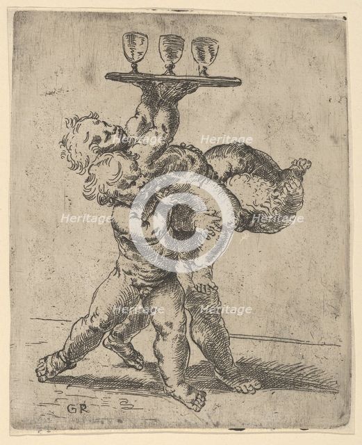 Two naked boys carrying a third who supports a tray with three goblets, after Ren..., ca. 1600-1640. Creator: Anon.