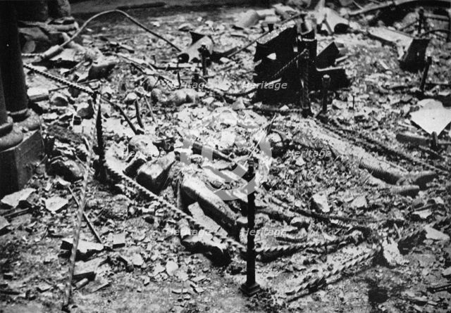 'Two of the effigies of the Knights in the round of the Temple Church, gutted by fire, 1941'. Artist: Unknown.
