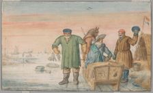 Two Old Men beside a Sled Bearing the Coats of Arms of Amsterdam and Utrecht, 1620/33. Creator: Hendrick Avercamp