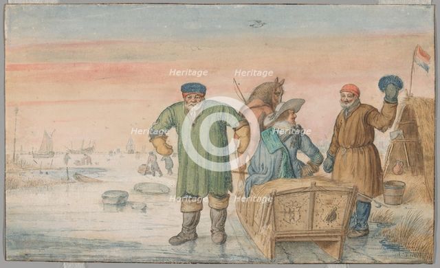 Two Old Men beside a Sled Bearing the Coats of Arms of Amsterdam and Utrecht, 1620/33. Creator: Hendrick Avercamp.