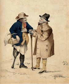 Two old men in conversation: the man on the left holding a basket has a wooden leg, the... Creator: Unknown
