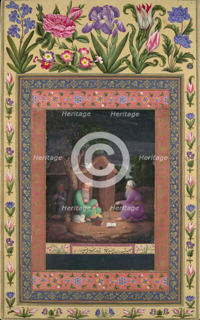 Two Old Men in Discussion Outside a Hut, Folio from the Davis Album, A.H.1085/A.D.1674-75. Creator: Ali Quli Jabbadar.