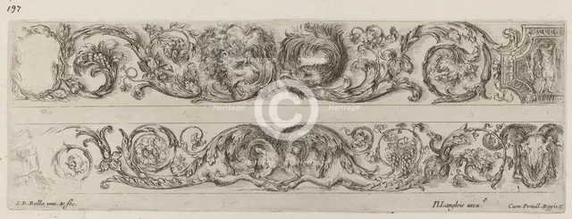 Two Ornamental Bands with Facing Heads of Lion and Eagle, and Two Rams, probably 1648. Creator: Stefano della Bella.