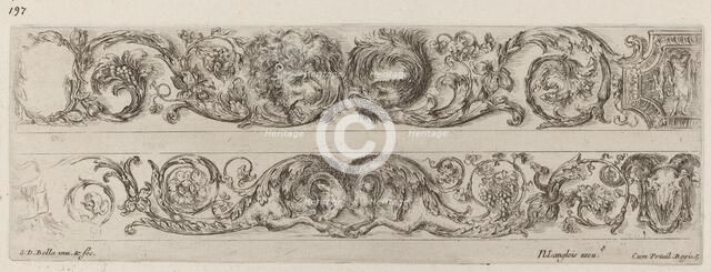 Two Ornamental Bands with Facing Heads of Lion and Eagle, and Two Rams, probably 1648. Creator: Stefano della Bella.