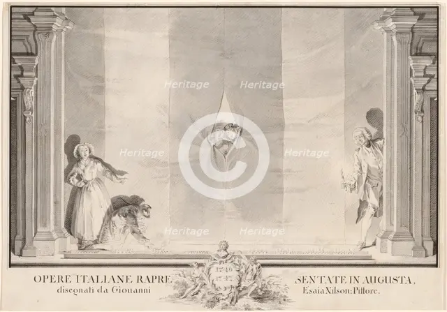 Two Actors Peeking through a Theater Curtain while Others Prepare the Footlights. Creator: Johann Esaias Nilson.