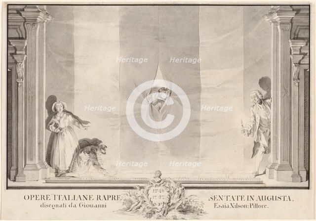 Two Actors Peeking through a Theater Curtain while Others Prepare the Footlights. Creator: Johann Esaias Nilson.