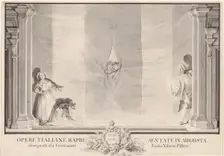 Two Actors Peeking through a Theater Curtain while Others Prepare the Footlights. Creator: Johann Esaias Nilson