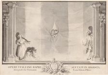 Two Actors Peeking through a Theater Curtain while Others Prepare the Footlights. Creator: Johann Esaias Nilson