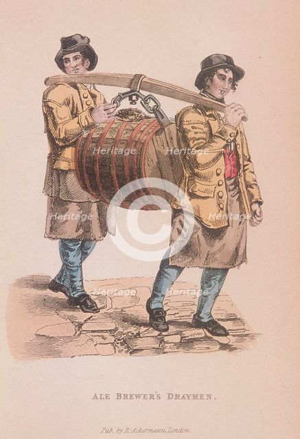 Two ale brewer's draymen carrying a barrel between them, c1830. Artist: Anon