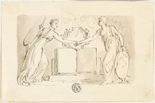 Two Allegorical Female Figures Clasping Hands before Book, 1830/34. Creator: Thomas Stothard
