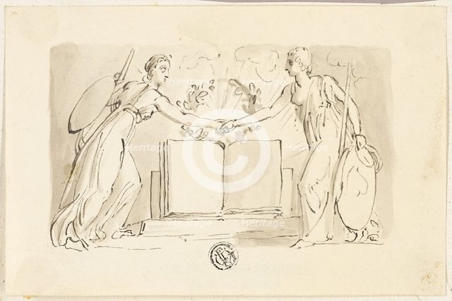 Two Allegorical Female Figures Clasping Hands before Book, 1830/34. Creator: Thomas Stothard.