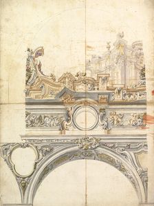 Two Alternate Designs for a Balustrade with Architectural Perspective., 1700-1780. Creator: Anon