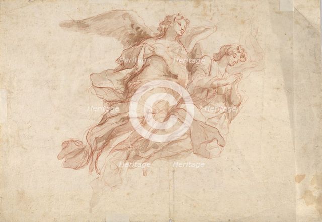 Two Angels Flying; verso: God the Father Seated in the Clouds and a Sketch of a Figure Flying, c1720 Creator: Cosmas Damian Asam.