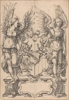 Two Angels Holding a Coat of Arms. Creator: Jost Ammon