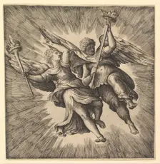 Two Angels or Winged Genii Carrying Torches. Creator: Battista Franco Veneziano