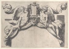 Two angels supporting a cartouche or shield, 1568-77., 1568-77. Creator: Orazio de Sanctis