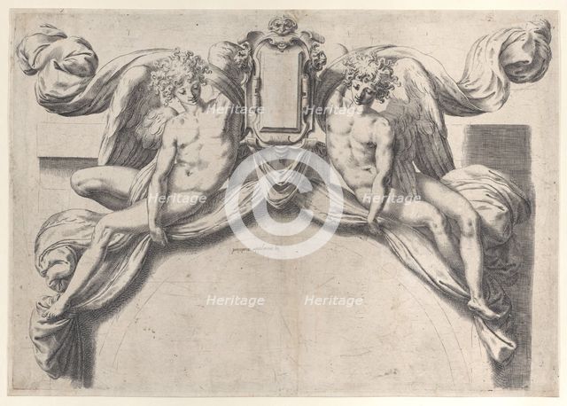 Two angels supporting a cartouche or shield, 1568-77., 1568-77. Creator: Orazio de Sanctis.