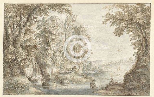 Two Anglers in a Wooded Landscape with a Waterfall, 1628. Creator: Maerten de Cock.
