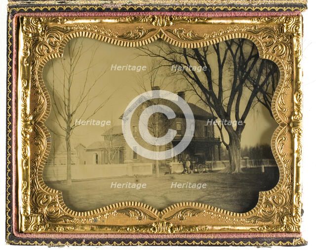 Two and a Half Story Brick Country House with Outbuildings with Ornate Porch..., 19th century. Creator: Unknown.
