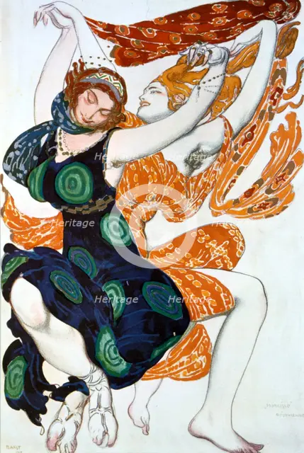 'Two Bacchantes', costume design for a Ballets Russes production of Tcherepnin's Narcisse, 1911. Artist: Leon Bakst