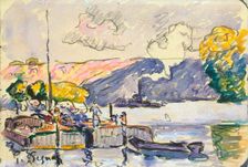 Two Barges, Boat, and Tugboat in Samois c1900. Artist: Paul Signac
