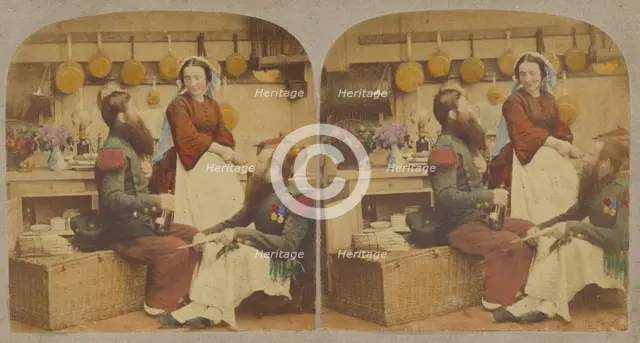 Two bearded men in a kitchen, with a woman who is probably the cook, about 1860. Creator: Unknown.
