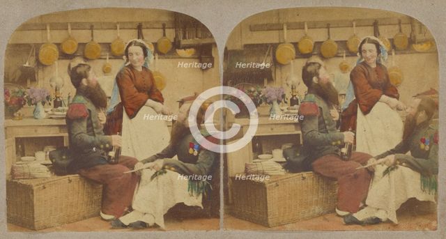 Two bearded men in a kitchen, with a woman who is probably the cook, about 1860. Creator: Unknown.