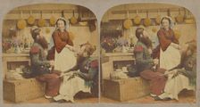 Two bearded men in a kitchen, with a woman who is probably the cook, about 1860. Creator: Unknown