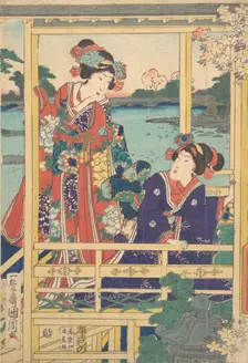 Two Beauties at Spring Garden with a Pond, ca. 2nd month, 1864. Creator: Toyohara Kunichika