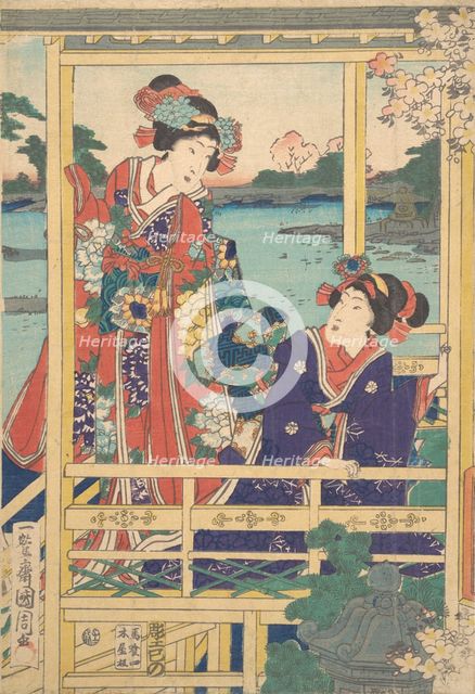 Two Beauties at Spring Garden with a Pond, ca. 2nd month, 1864. Creator: Toyohara Kunichika.