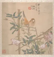 Two Birds Perched on a Flowering Rose Bush, late 19th century. Creator: Ren Yi