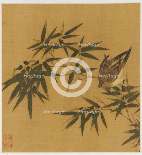 Two birds swinging on a branch of bamboo, Qing dynasty, 18th century. Creator: Unknown.