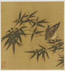 Two birds swinging on a branch of bamboo, Qing dynasty, 18th century. Creator: Unknown