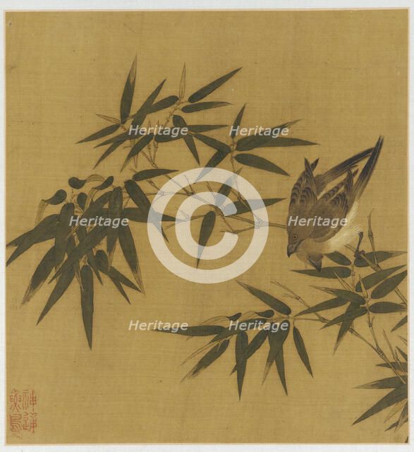 Two birds swinging on a branch of bamboo, Qing dynasty, 18th century. Creator: Unknown.