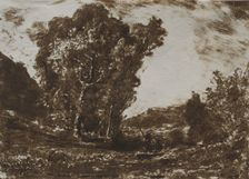 Two Boatmen in a Marsh near a Cluster of Trees, c. 1857. Creator: Henri-Joseph-Constant Dutilleux (French, 1807-1865)