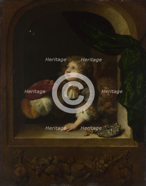 Two Boys blowing Bubbles, c. 1670. Artist: Netscher, Caspar (1639-1684)