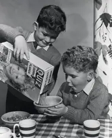 Two boys having a bowl of Quiz Corn Flakes, c1955. Creator: Arthur Charles Kirby Ware