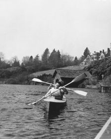 Two boys in canoe, Outward Bound School, Eskdale, Cumbria, 1950