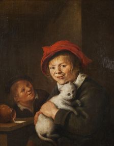 Two boys playing with a cat, 1650s. Creator: Jan Miense Molenaer
