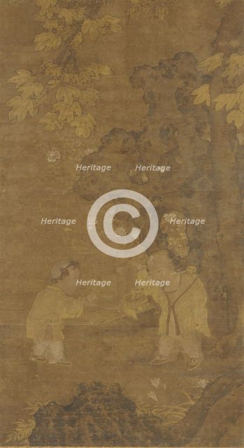Two boys playing with the puppet of a lion, Ming dynasty, 15th-16th century. Creator: Unknown.