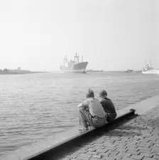 Two boys watching shipping in the harbour of Landskrona, Sweden, 1956. Creator: Unknown