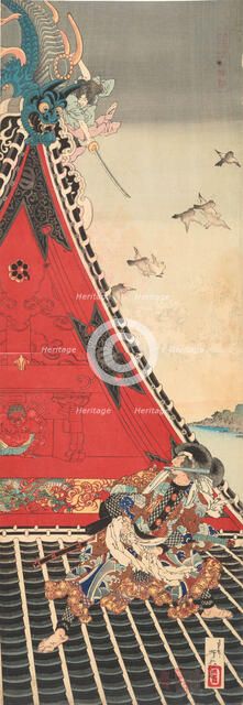 Two Brave Men (Inuzuka Shino und Inukai Gempachi) Fighting on the Roof of Horyukaku. Creator: Yoshitoshi, Tsukioka (1839-1892).