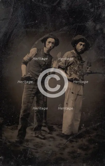Two Bricklayers Holding Bricks and Trowels, 1870s-80s. Creator: Unknown.