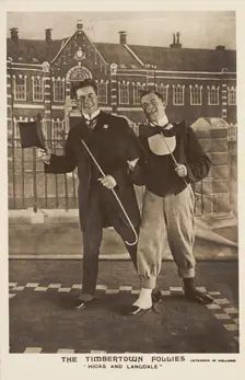 Two British soldiers dressed smartly, performing for "The Timbertown Follies", at a..., [1910-1919?] Creator: Unknown