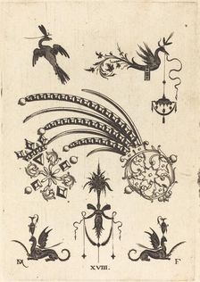 Two Brooches with Bird and Winged Snake at Top and Griffins with Vases at Bottom, 1596. Creator: Daniel Mignot