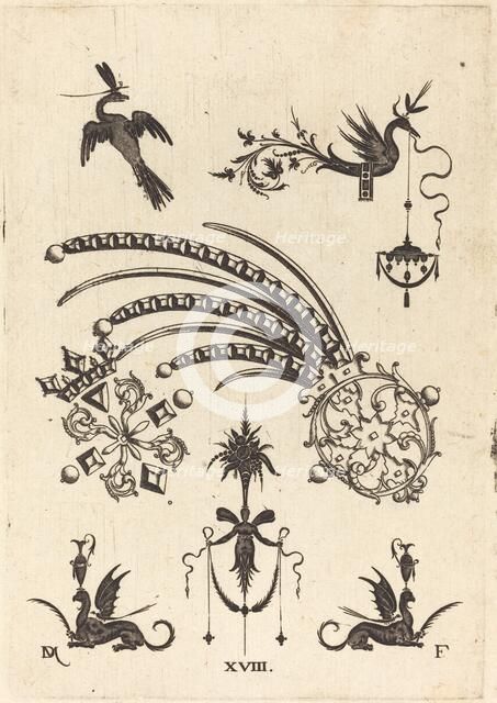 Two Brooches with Bird and Winged Snake at Top and Griffins with Vases at Bottom, 1596. Creator: Daniel Mignot.