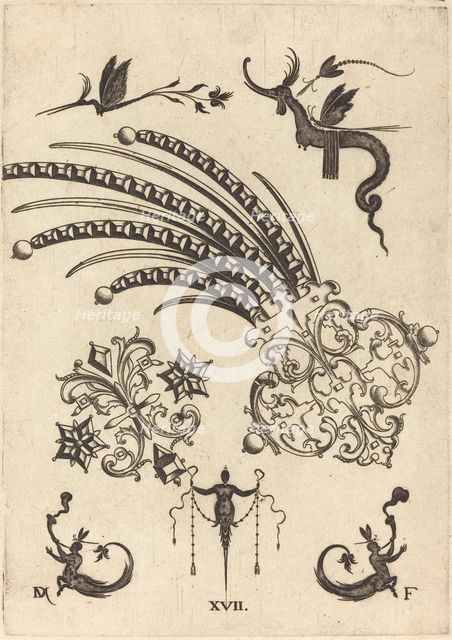 Two Brooches with Dragon and Insects at Top and Human Beings with Snake-like Tails..., 1596. Creator: Daniel Mignot.