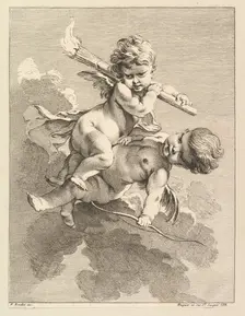 Two Cupids, One Carrying a Torch, Another a Bow, 1727-60. Creator: Pierre Alexandre Aveline